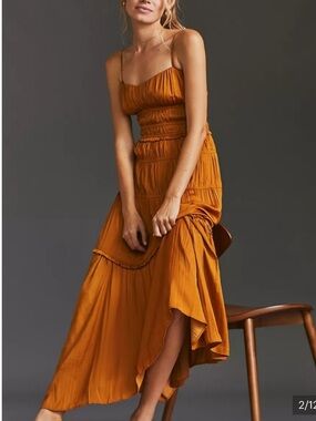 Anthropologie Ruched Tiered Midi Pleated Satin Slip Midi Dress Women’s Sz 10
